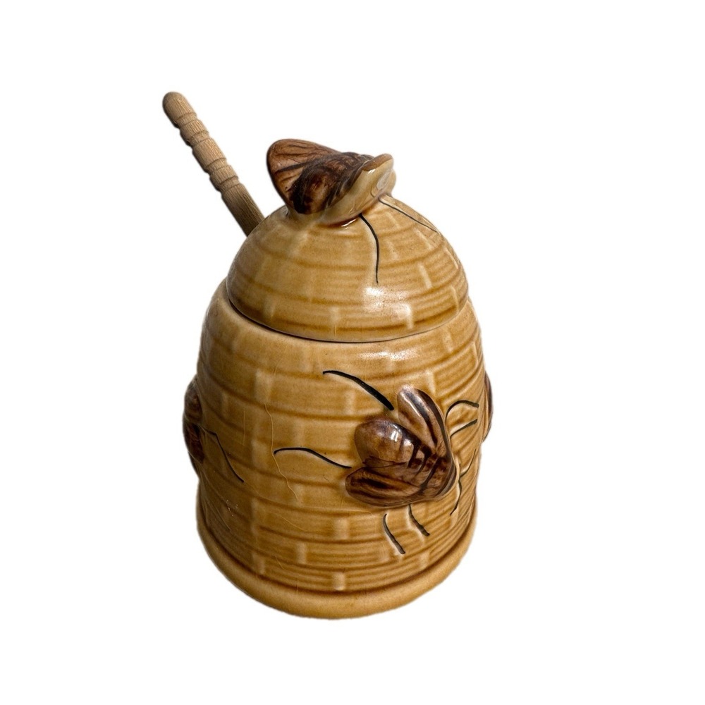 Fox Run Kitchens Ceramic Honey Pot Beehive Honey Jar 10oz  3D Bee Motifs‎ 70's - Picture 2 of 9
